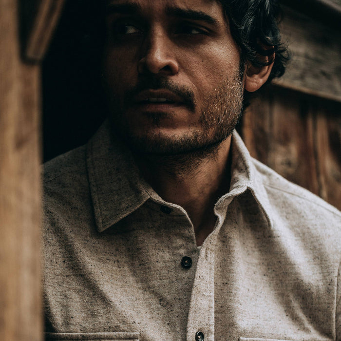 fit model wearing The Yosemite Shirt in Oat Donegal—cropped shot chest up