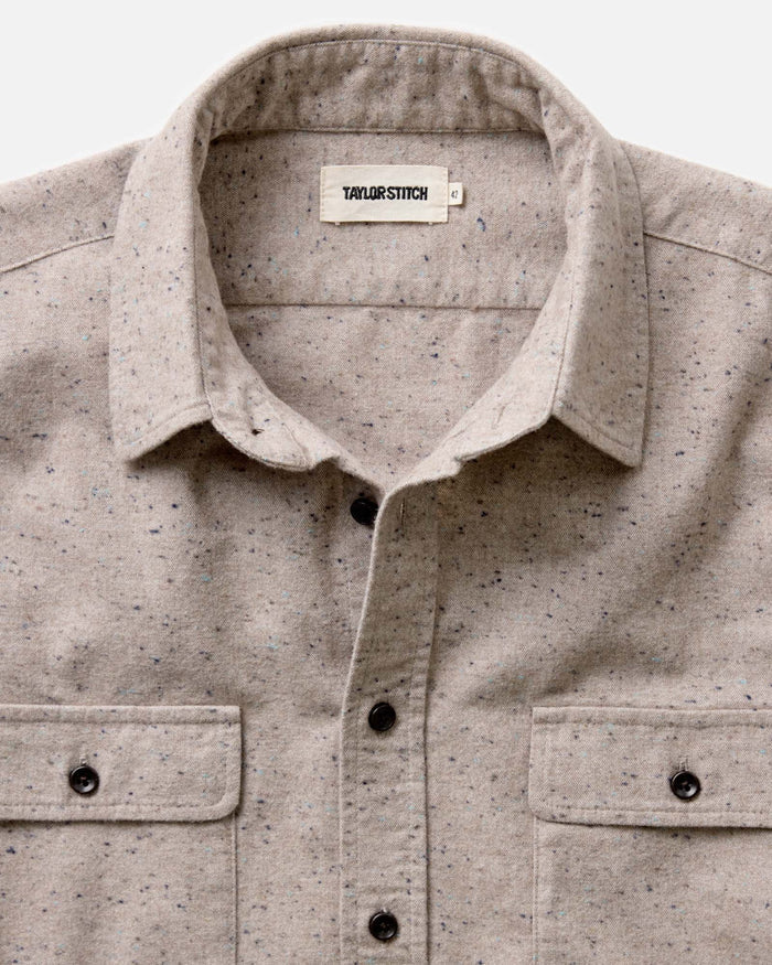 material shot of the collar on The Yosemite Shirt in Oat Donegal