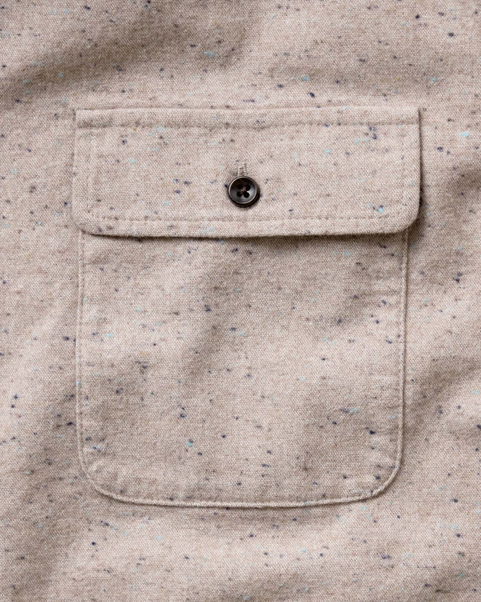 material shot of the buttons on The Yosemite Shirt in Oat Donegal
