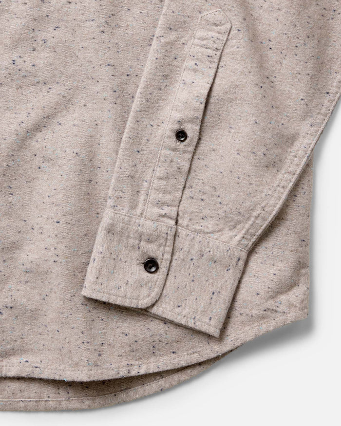 material shot of the sleeve on The Yosemite Shirt in Oat Donegal