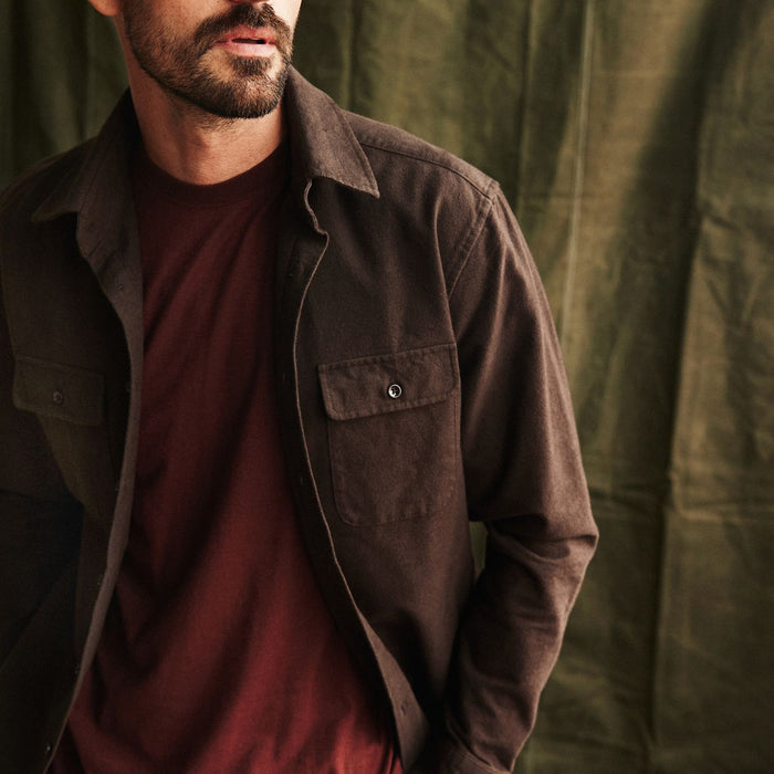fit model showing the front of The Yosemite Shirt in Soil