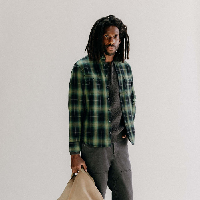 fit model with his hand in his pocket wearing The Yosemite Shirt in Twilight Plaid