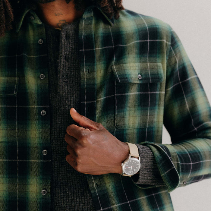 fit model showing off the buttons on The Yosemite Shirt in Twilight Plaid