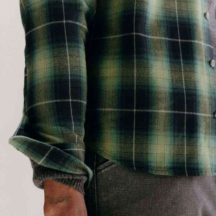fit model showing off the cuffs on The Yosemite Shirt in Twilight Plaid