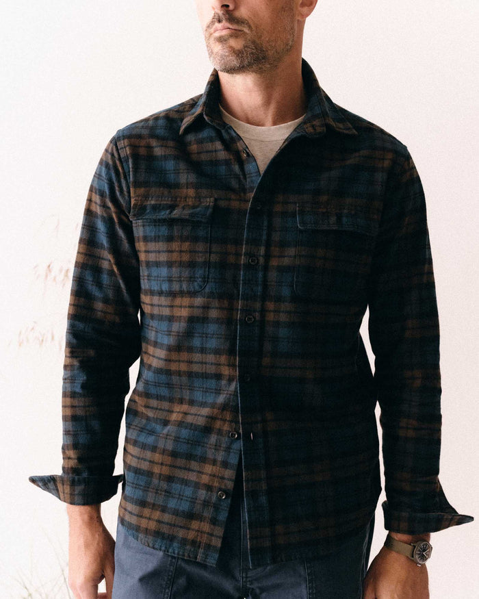 fit model showing off The Yosemite Shirt in Wetlands Plaid