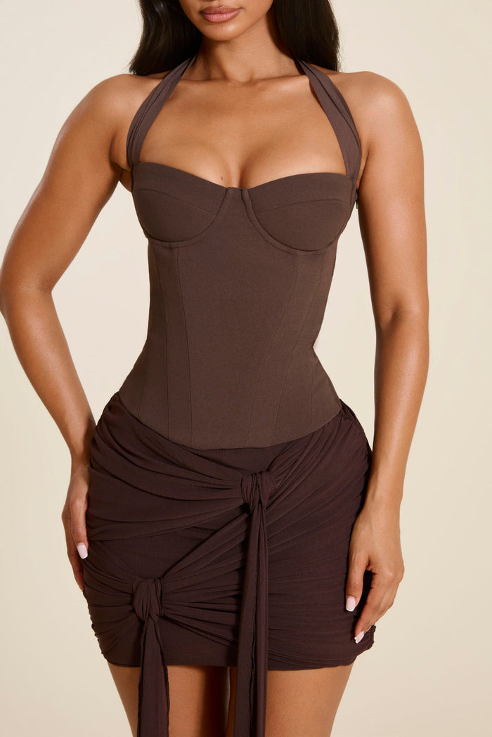 The Zadie Ruched Mini Skirt in Brown