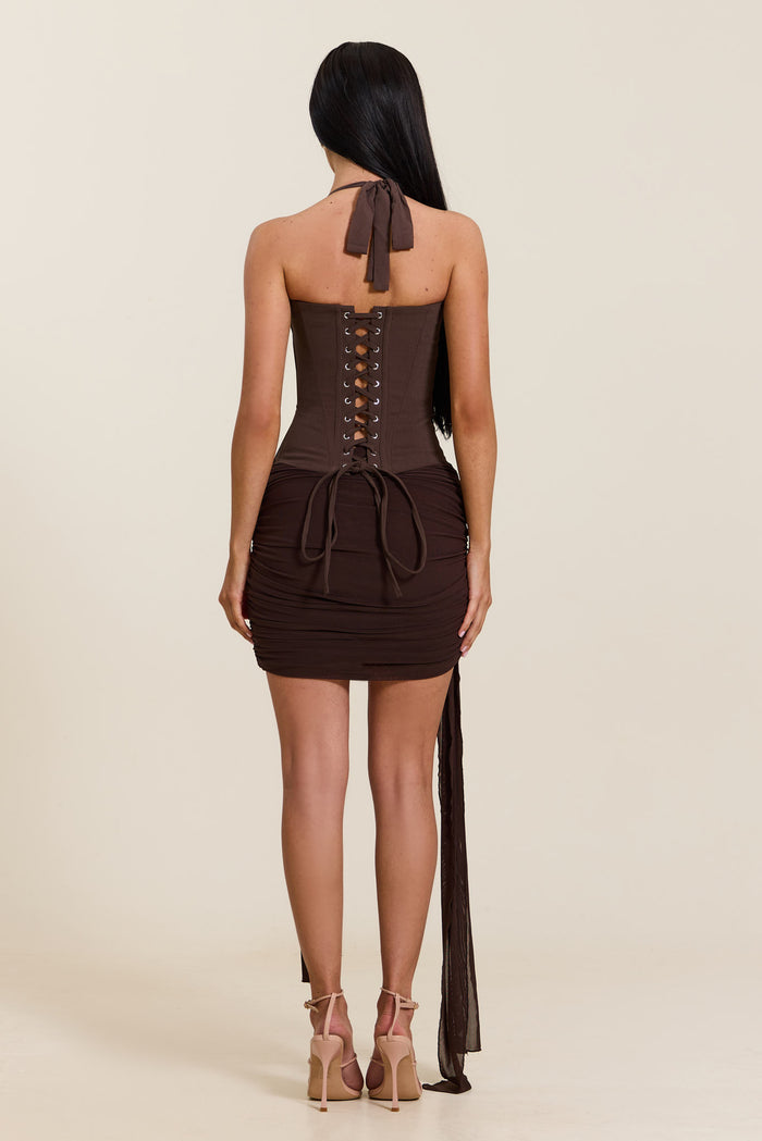 The Zadie Ruched Mini Skirt in Brown
