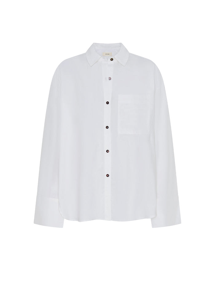 White shirt with black buttons on a white background