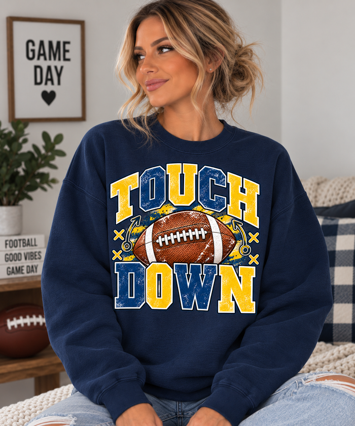 Touchdown Football Crewneck Sweatshirt- Blue/Yellow