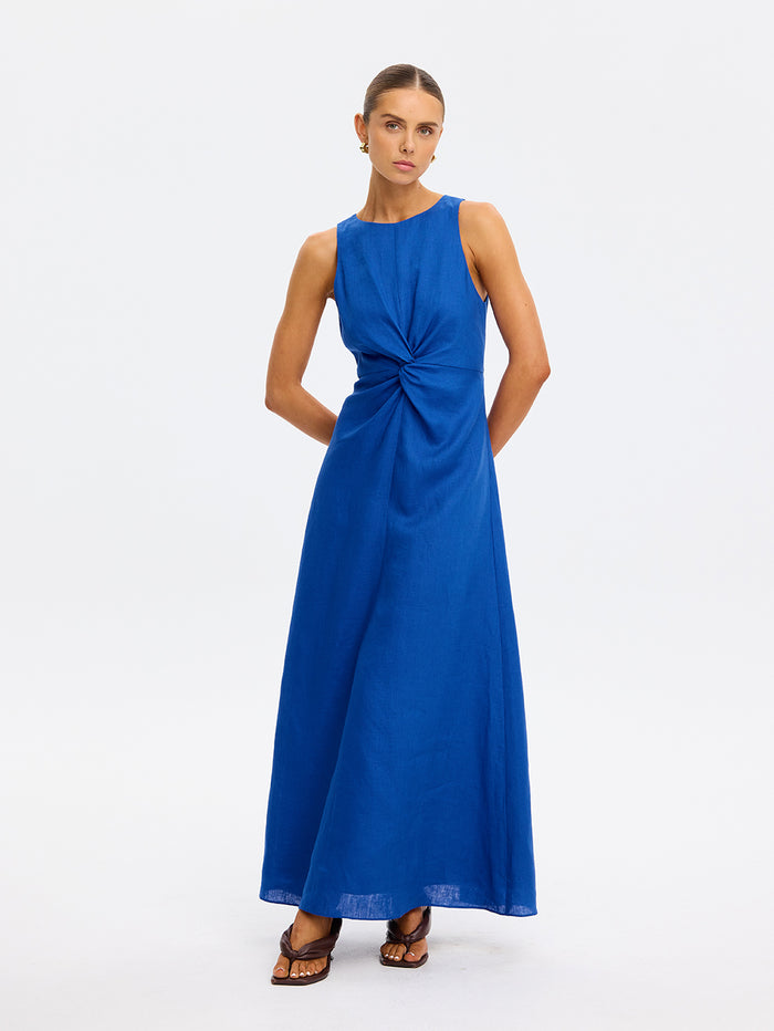 Woman wearing blue maxi dress
