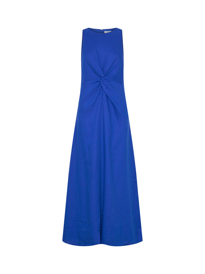 Blue dress with a knot detail on a white background