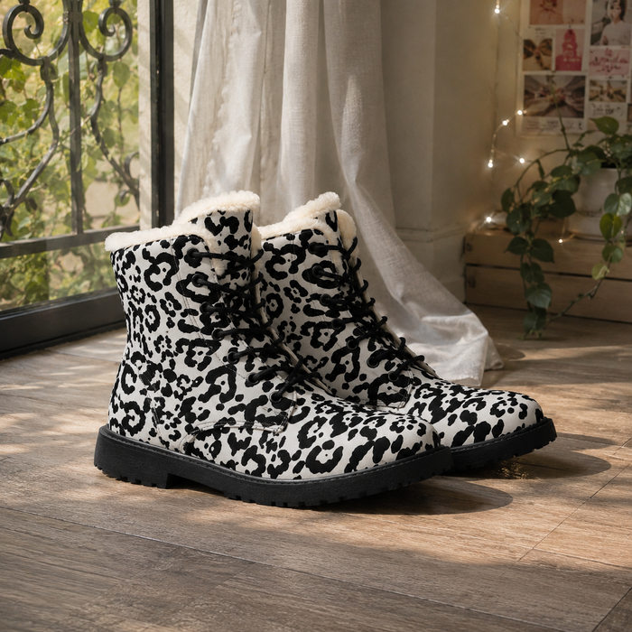 Women’s Leopard Print Fur-Lined Leather Boots — Cozy Winter Combat Style