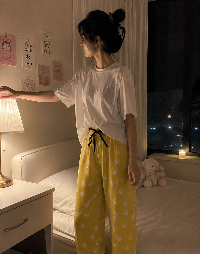 Yellow Paw Print Pajama Pants — Women's Cozy Lounge Sleepwear